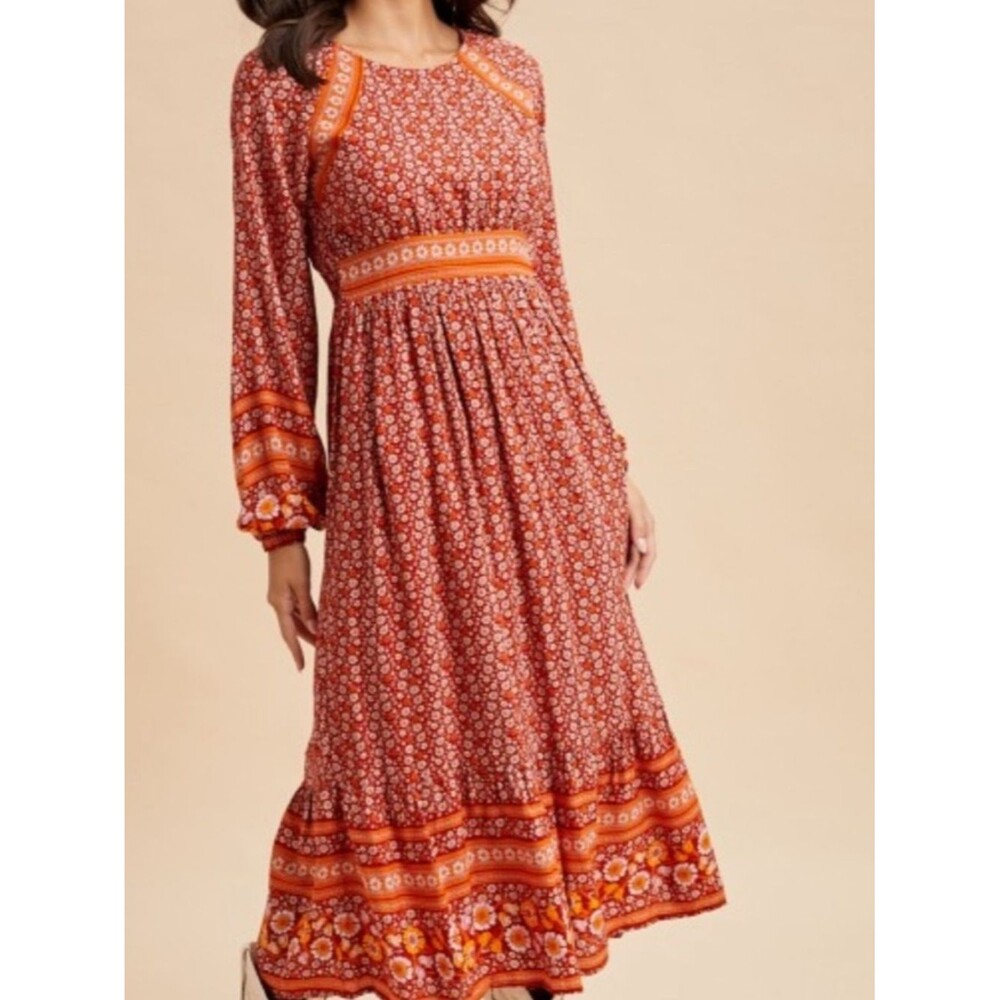 NWT In Bloom Red and Orange Floral Midi Dress